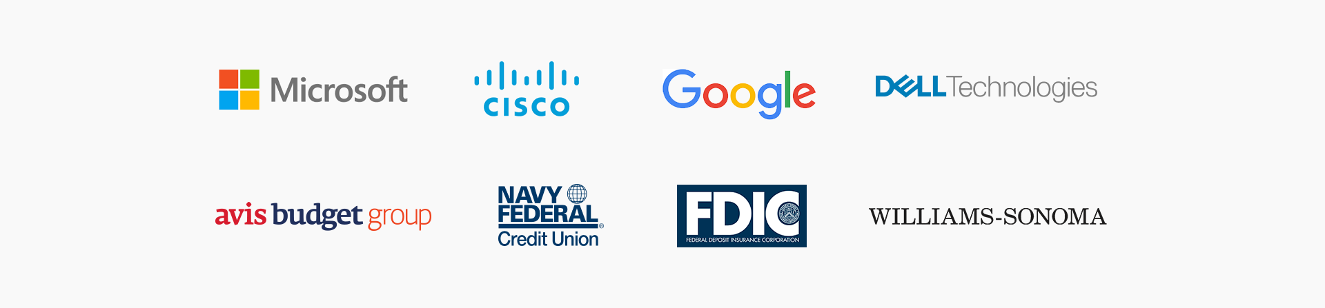 Logos block - Microsoft, Cisco, Google, Dell, Avis Budget group, Navy Federal Credit Union, FDIC, Williams Sonoma