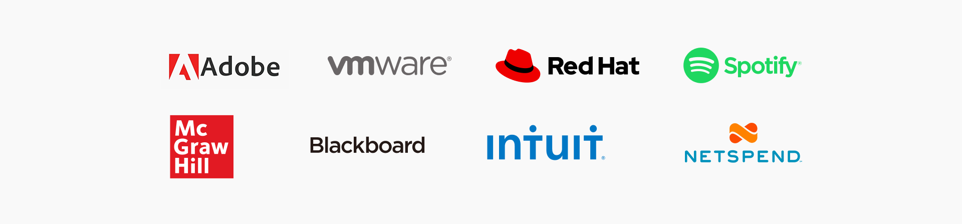 Logos 2 - Adobe, VMWare, Red Hat, Spotify, McGraw Hill, Blackboard, Intuit, NetSpend