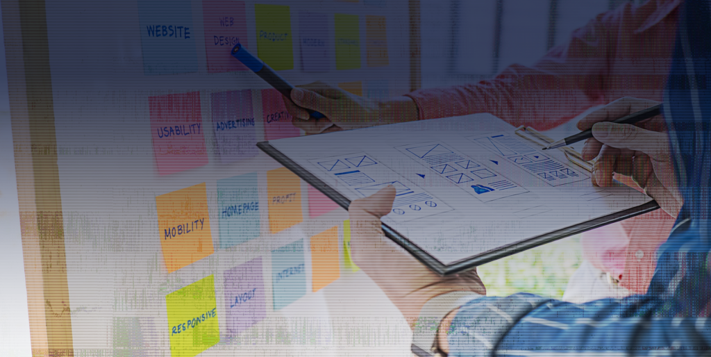 MaxProduct Methodology header image - Ipad with wireframe of website in front of post it notes on wall