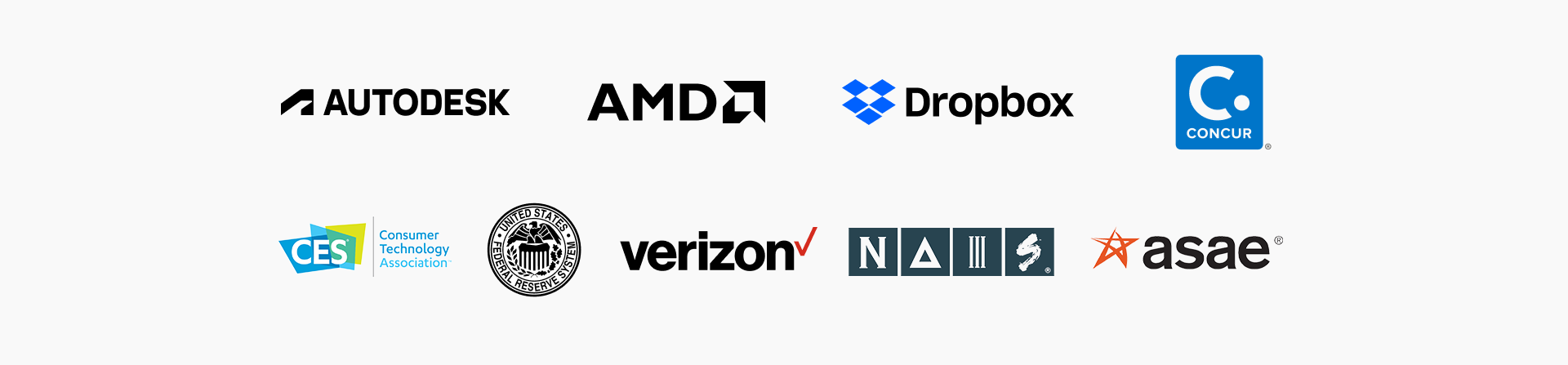 Logo Block - Autodesk, AMD, Dropbox, Concur, Computer technology Association, US Federal Reserve, Verizon, NAIS, asae